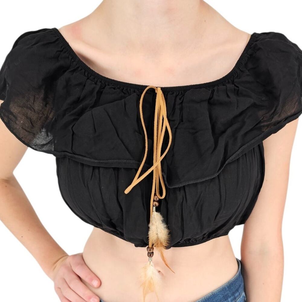 Nella Fantasia Womens Sz S Short Sleeve Crop Top Black w/ Feather Front Boho